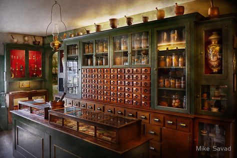 Pharmacy - I'll be out in a minute  by Mike  Savad Apothecary Decor, Apothecary Cabinet, Medicine Bottles, Tea Shop, Glass Shelves, 인테리어 디자인, Apothecary, Pharmacy, Craft Room