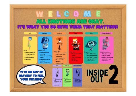 Inside out 2 emotions display board  Involves coping strategies to manage the different emotions  Digital download only - A4 size PDF file For a large scale edition (each character on their own page) please see this listing - https://www.etsy.com/uk/listing/1766714264/inside-out-2-emotions-display-board?ref=listings_manager_table Emotion Control Bulletin Board, Inside Out Office Decor, Inside Out 2 Bulletin Board, Inside Out Decorations, Inside Out Bulletin Board, School Counselor Bulletin Boards, Afterschool Program, School Display, Inside Out Emotions