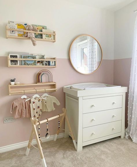 Rose Pink Nursery Wall, Half Painted Pink Wall, Dado Rail Nursery Pink, Two Color Accent Wall Ideas, Nursery Dado Rail, Two Tone Wall Nursery, Half Wall Nursery Ideas, Half Painted Nursery Wall, Half Nursery Half Bedroom