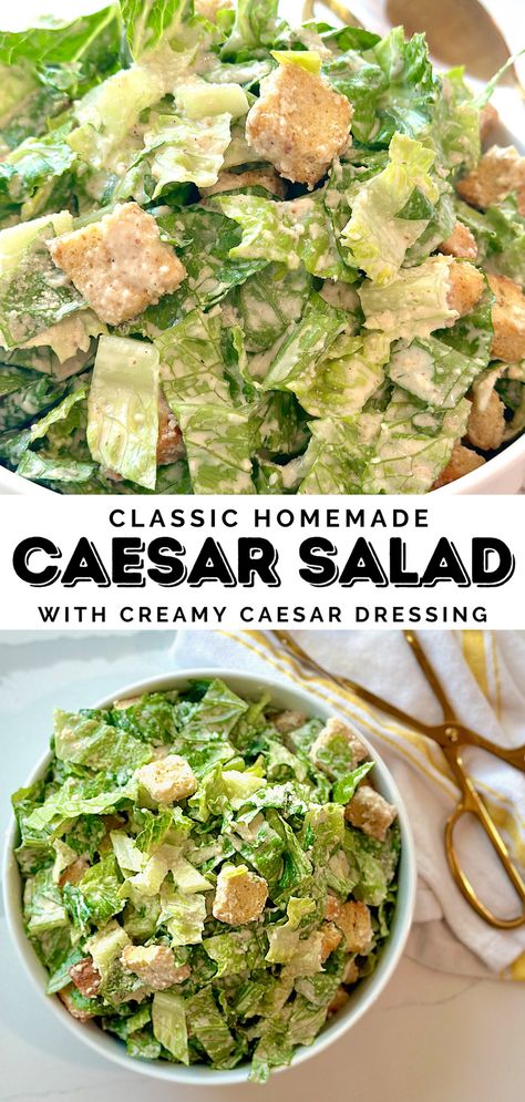 Enjoy the best classic Caesar salad with creamy dressing. Perfect for impressing guests, this recipe balances crisp romaine lettuce with a rich, tangy dressing made from anchovy fillets, Parmigiano-Reggiano, and a mayo base. Perfect as a side salad, or top it with grilled chicken for a hearty main dish. #FreshSaladRecipes  #DeliciousSalads #HealthySummerRecipes Caesar Salad Seasoning, Caesar Salad With Bacon, Simple Caesar Salad, Cesar Salad Aesthetic, Ceaser Salad Ideas, Cesar Salad Recipe, Salad With Creamy Dressing, Homemade Caesar Salad, Fall Salads