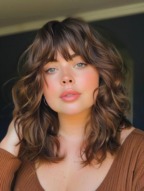 Shag Woman Haircut, Wide Round Face Hairstyles, Medium Hair Plus Size, Shag Bob Wavy Hair, Plus Size Bob With Bangs, Wavy Shag Haircut Short Round Face, Wispy Bangs Plus Size, Bangs For Plus Size Face, Curly Hairstyles For Plus Size Women