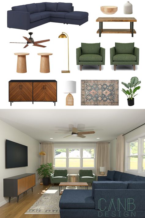 Small Living Room With Couch And Chair, Accent Chairs For Green Couch, Green Blue Decor Living Room, Blue And Green Couch Living Room, Forest Green And Navy Living Room, Blue Green Gray Brown Living Room, Beige Couch With Blue Accent Chairs, Blue Green Terracotta Living Room, Green Walls Blue Couch