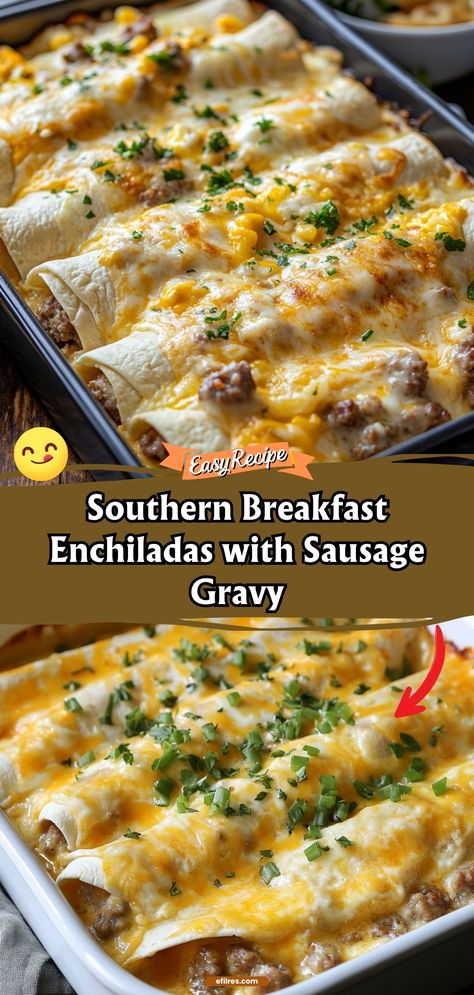 Turn your breakfast into a festive feast with these Southern-inspired enchiladas, smothered in creamy sausage gravy. #BreakfastEnchiladas #SouthernCuisine #HeartyBreakfast Southern Breakfast Enchiladas, Sausage Gravy Burritos, Southern Breakfast Enchiladas With Sausage Gravy, Southern Breakfast Enchiladas With Gravy, Breakfast Enchiladas With Sausage Gravy, Hot Breakfast Sausage Recipes, Leftover Sausage Gravy Recipes, Breakfast Chalupa, Breakfast Sausage And Potatoes