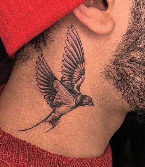 Swallow Tattoo Chest, Hummingbird Neck Tattoo, Bird Neck Tattoo, Unique Neck Tattoos, Dove Neck Tattoo, Golondrinas Tattoo, Omega Tattoo, Word Neck Tattoos, Owl Neck Tattoo