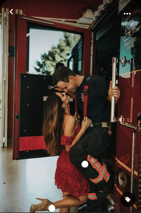 Wedding Photo Ideas Firefighter, Fire Dept Engagement Pictures, Nurse And Firefighter Couple Photo Ideas, Fireman And Nurse Engagement Pictures, Firefighter And Nurse Engagement Photos, Cute Firefighter Couple Pictures, Firefighter Couple Aesthetic, Fireman Engagement Photos, Firefighter Romance Aesthetic