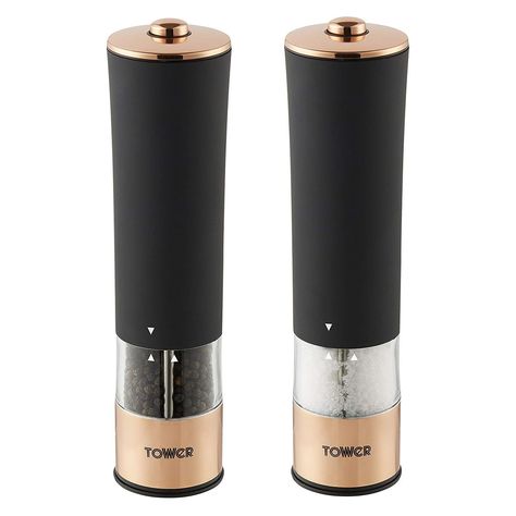 Black Serveware, Electric Pepper Grinder, Rose Gold Kitchen, Desain Pantry, Black And Rose Gold, Salt Mill, Salt And Pepper Mills, Salt And Pepper Grinders, Gold Kitchen