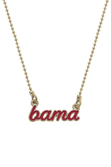 BAMA ENAMEL SCRIPT NECKLACE IN CRIMSON Alabama College, Gold Elephant Pendant, Gameday Fits, Bed Party, William Yeoward Crystal, Script Necklace, Gold Elephant, College Gifts, Football Boys