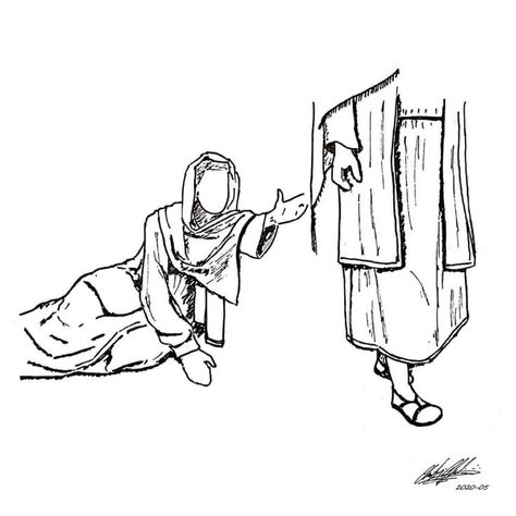 "A woman who had had a hemorrhage for twelve years, and could not be healed by anyone, came up behind him and touched the tzitzit on his robe; instantly her hemorrhaging stopped." Luke 8:43-44 She Touched The Hem Of His Garment, The Hem Of His Garment Art, Woman Touching Jesus Hem Drawing, Hem Of His Garment Tattoo, Alabaster Jar Drawing, Christian Sketches, Healing Drawing, Hem Of His Garment, Christian Drawings