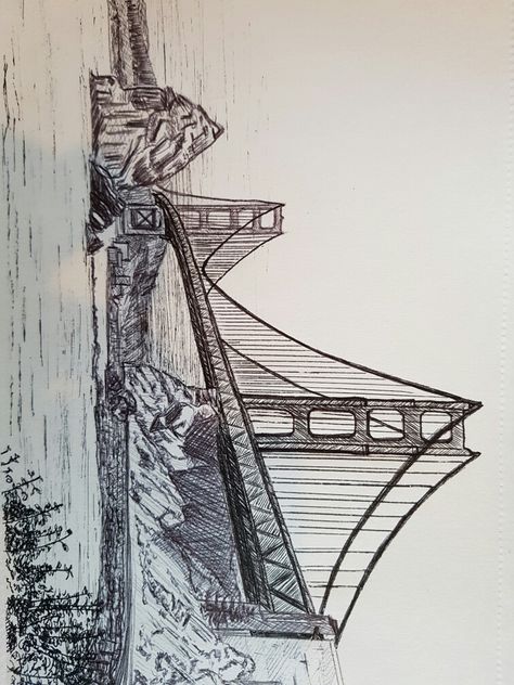 Ink drawing of golden gate bridge Golden Inktober Drawing, Golden Gate Bridge Drawing, Golden Gate Bridge Tattoo, Bridge Sketch, Redwood Tattoo, Bridge Pattern, Bridge Tattoo, Bloxburg Interior, Bridge Drawing