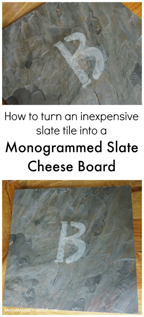 How to Make a DIY Monogrammed Slate Cheese Board for pennies! Easy craft and gift idea. Tile Charcuterie Board, Slate Charcuterie Board Ideas, Diy Cheese Platter, Simple Cheese Platter, Slate Cheese Board Diy, Slate Tile Crafts, Slate Coasters Diy Cricut, Etched Slate Cheese Board, Diy Slate Coasters