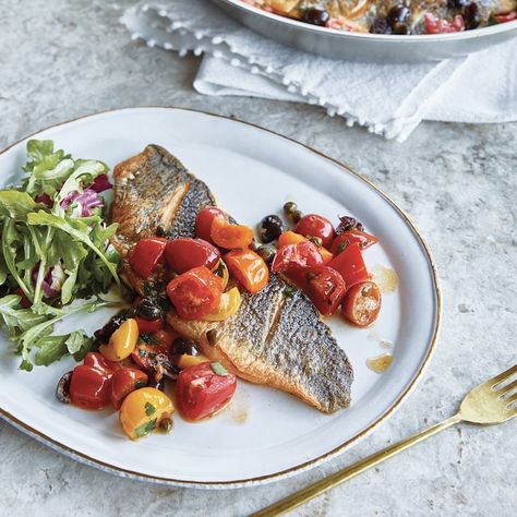 Giada De Laurentiis' pan-seared branzino with tomato and capers Branzino Recipe Filet, Pan Seared Fish, Branzino Recipe, Giada Recipes, Seared Fish, Olive Recipes, Food Inc, Eating Light, Giada De Laurentiis