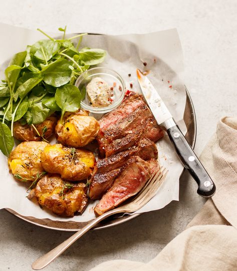 Steak And Smashed Potatoes, New York Strip, New Potatoes, Rib Eye, Compound Butter, Smashed Potatoes, Strip Steak, Main Courses, Looks Yummy