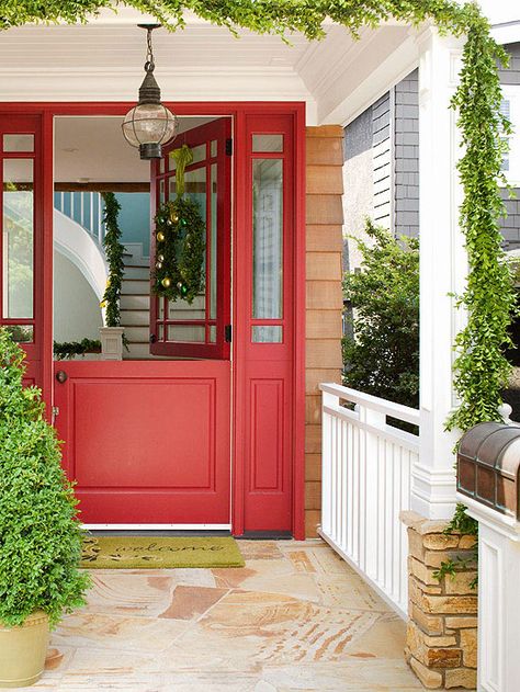 red exterior door Dutch Doors Exterior, Entryway Stairs, Front Door Styles, Red Front Door, Front Door Makeover, Front Door Paint Colors, Door Paint Colors, Exterior Front Doors, Painted Front Doors