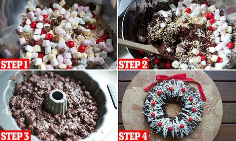 Rocky Road Christmas, Christ Centered Christmas Gifts, Christmas Rocky Road, Chocolate Wreath, Festive Food Ideas, Xmas Breakfast, Homemade Christmas Treats, Christmas Ice Cream Cake, Piano Cake