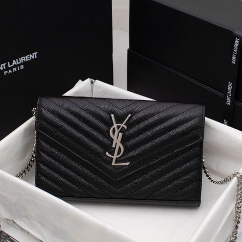 "100% Authentic Ysl Monogram Chain Wallet In Grain De Poudre Embossed Leather (Black With Silver Toned Hardware) In Very Good Used Condition With Minimal Signs Of Wear On The Exterior. - Minor/Minimal Scuffs Are Pictured - Chain Strap And Authenticity Card Included *Dust Bag*"