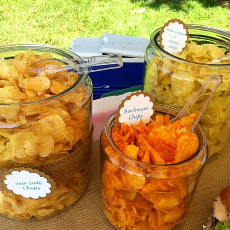 Potato chip bar @ Liberty's 1st! Potato Chip Bar Wedding, Chip Table Party Ideas, Chips Party Display, Chips And Dip Bar Wedding, Party Chips Display, Chip Bar Party, Chips At A Party, Potato Chip Bar, Pickle Birthday