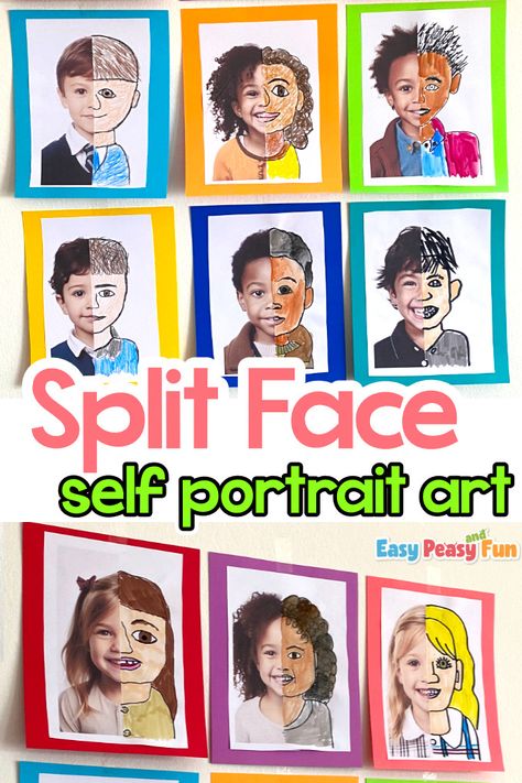 Split Face Self Portrait Art (Half Photo, Half Drawing) - Easy Peasy and Fun Self Portrait Half Face, Half Portrait Drawing, Preschool Self Portrait Ideas, Self Portrait Drawing Easy, Fun Self Portrait Ideas, Split Face Self Portrait, Split Face Portrait, Split Face Drawing, Self Portraits For Kids