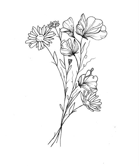 Daisy And Sweet Pea Flower Tattoo Designs, Sweet Pea Floral Tattoo, Tattoo Ideas Sweet Pea, Daisy And Sweet Pea Flower Tattoos, Sweet Pea And Daisy Flower Tattoo, Daisy And Sweet Pea Drawing, Daisies And Sweet Peas, Sweet Pea Flowers Drawing Tattoo Ideas, Sweet Pea And Daisy Bouquet Tattoo