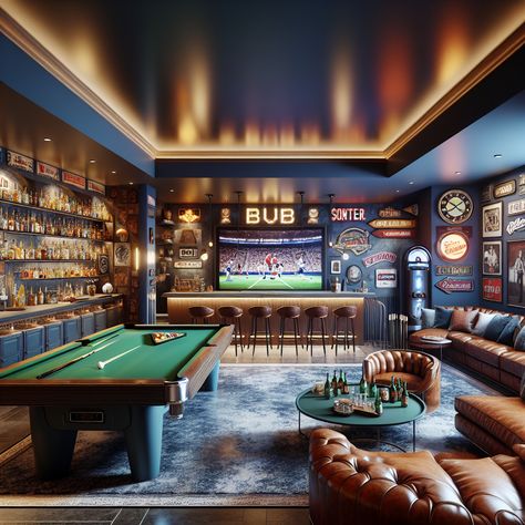 Discover a cozy man cave tucked in the basement with midnight blue and earthy brown walls. It features a bar area, a green-topped pool table, a huge TV setup for game days, and a classic jukebox. Unique sports collectibles and warm lighting round out this perfect hangout spot. 
#Mancave #BasementDesign #HomeBar #PoolTable #GameDaySetup #ClassicJukebox Basement Sports Bar Ideas Man Cave, Sports Basement Ideas, Man Cave With Pool Table And Bar, Sports Bar Themed Basement, Basement Sports Bar, Tv Sports Bar, Sports Room Man Cave, Aesthetic Game Room Pool Table, Classy Man Cave