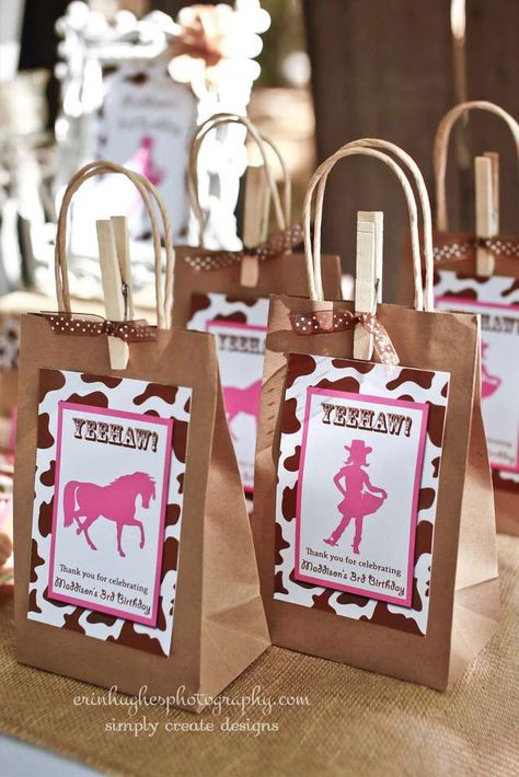 Maddison's Cowgirl Birthday | CatchMyParty.com Cowgirl Party Favors, Lila Party, Horse Birthday Parties, Party Favor Bag, Cowgirl Birthday Party, Horse Party, Western Parties, Horse Birthday, Cowgirl Birthday