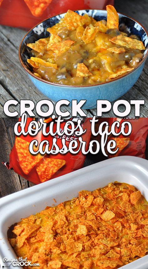 Taco night just got a little more fun with this flavorful Crock Pot Doritos Taco Casserole! It is easy, cheesy and delicious! Dorito Casserole Hamburger Crockpot, 9x13 Crockpot Casserole Recipes, 9x13 Crockpot Recipes, Dorito Casserole Hamburger, Dorito Recipes, Doritos Taco Casserole, Recipe With Doritos, Crockpot Receipts, Taco Casseroles