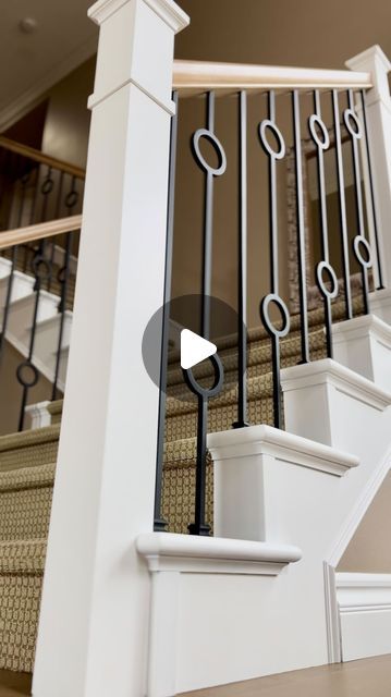 Straight Up Stairs on Instagram: "Who says you can’t work with what you’ve got? Here we kept everything in place giving the newel posts a little face lift and a filler strip in the hand rail to accept new iron balusters. We preserved the carpet as it was pretty new and expensive af. We stripped the handrail down and our finishers worked their magic! The homeowners were absolutely ecstatic! That’s always the goal right!? 😉😆✊🏼  -What are your thoughts on these balusters (spindles) ?   #stairs #refinish #carpentry #demo #diy #updo #facelift #stairsurgery #wood #construction #tools #straightupstairs #straightupreels #hgtv #explore #explorepage #tips #tricks #tomlawson #stairslayer" Diy Newel Post Ideas, Iron Spindles Wood Rail, Staircase Spindle Ideas Wood, Wrought Iron Stair Railing Makeover, Refinished Staircase Railing, Stair Spindle Makeover, Iron Handrails For Stairs, Newel Post Makeover, Newel Post Ideas