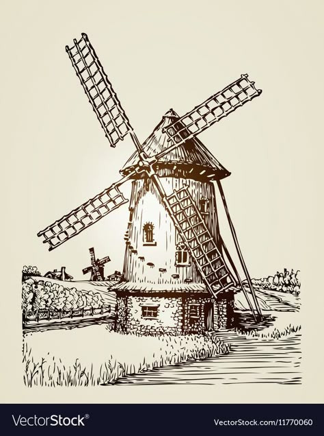 Old Windmill Drawing, Dutch Windmill Drawing, Windmill Drawing, Bakery Vintage, Windmill Art, Architecture Drawing Sketchbooks, Old Windmills, Perspective Drawing Architecture, Fantasy World Map