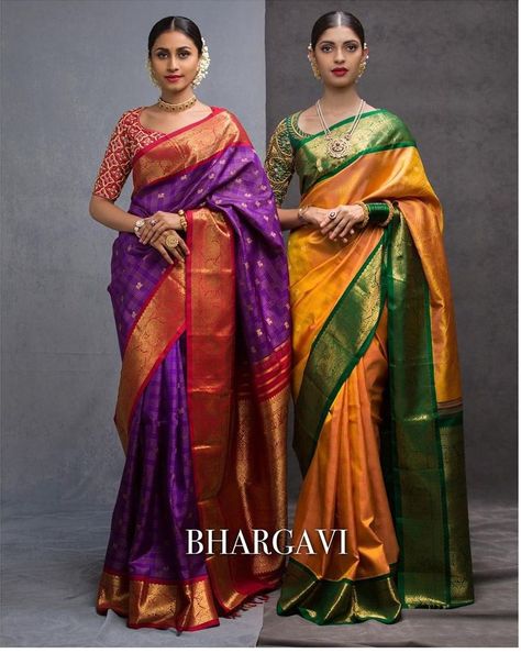 bhargavi kunam sarees 2 e1583082513445 Bhargavi Kunam, Phulkari Saree, Wedding Lunch, Kanjivaram Sarees Silk, Saree Draping Styles, Wedding Purple, Silk Saree Kanchipuram, Modern Saree, Saree Poses