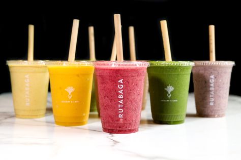 Superfood Smoothies & Cold-pressed Juice — RUTABAGA Smoothie Cup Packaging, Juice And Smoothie Bar Design, Smoothie Cups To Go, Smoothie Cup Design, Juice Shop Ideas, Grab And Go Fridge, Smoothie Shop Design, Cold Pressed Juice Packaging, Juice Cup Design