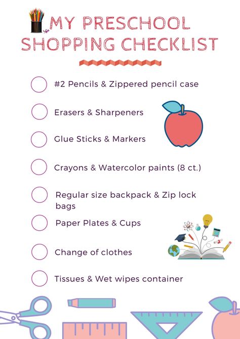 Preschool Supply List Back To School Shopping List Pre K, Back To School Shopping List 5th Grade, Back To School Checklist Kindergarten, Before School Starts Checklist, Supply List Template, Kindergarten Checklist Supplies, Preschool Supply List, Teacher Supplies List, Preschool Teacher Outfits