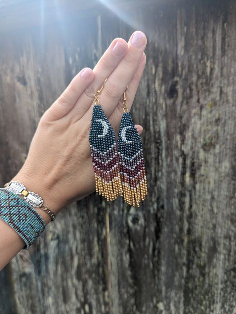 Rainbow Moons Beaded Fringe Earrings Handwoven Seed Bead Unique Gift - Etsy Autumn Rainbow, Moody Autumn, Unique Beaded Jewelry, Lavender Earrings, Rainbow Chevron, Beaded Fringe Earrings, White Lavender, Indigenous Culture, Bead Stitching