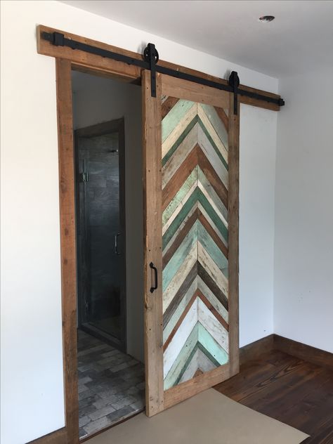 Chevron Barn Doors In The House, Barn Door Pattern, Chevron Door Diy, Boho Barn Door, Chevron Barn Door, Barn Wood Door, Hanger House, Before And After Bathroom Remodel, Chevron Door