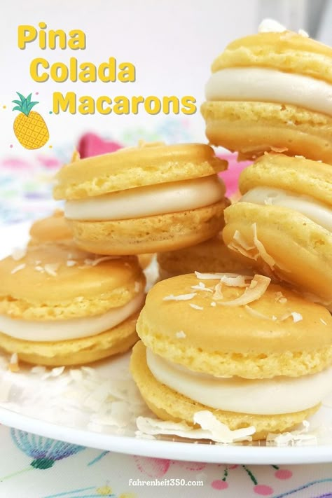 Pina Colada Macaroons, Pina Colada Macarons Recipe, Coconut Macarons French, Luau Macarons, Pina Colada Macarons, Summer Macaron Flavors, Rum Macarons, Tropical Macarons, Fun Macarons