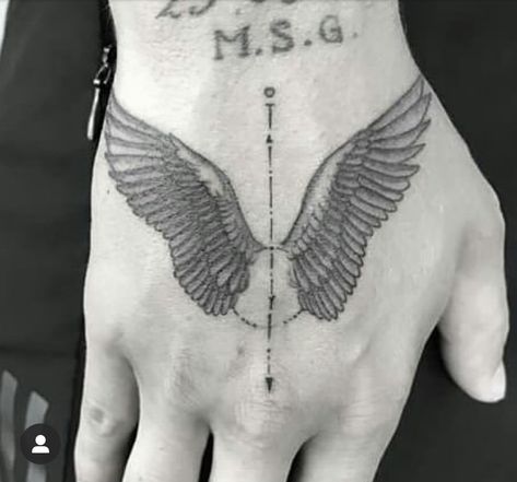 @Maluma Maluma Hand Tattoo, Wing Tattoo Hand, Angel Wing Hand Tattoo, Wings Tattoo Hand, Men Chest Tattoo, Small Tattoo Placement Ideas, Brother And Sister Tattoos, Small Tattoo Design, Cover Up Tattoo Design