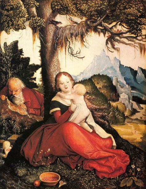 Hans Baldung - The Holy Family in a Landscape,1512 - Gemäldegalerie der Akademie der bildenden Künste Wien Hans Baldung Grien, Hans Holbein, Albrecht Dürer, Religious Painting, Historical Painting, Religious Images, European Paintings, German Art, Holy Family