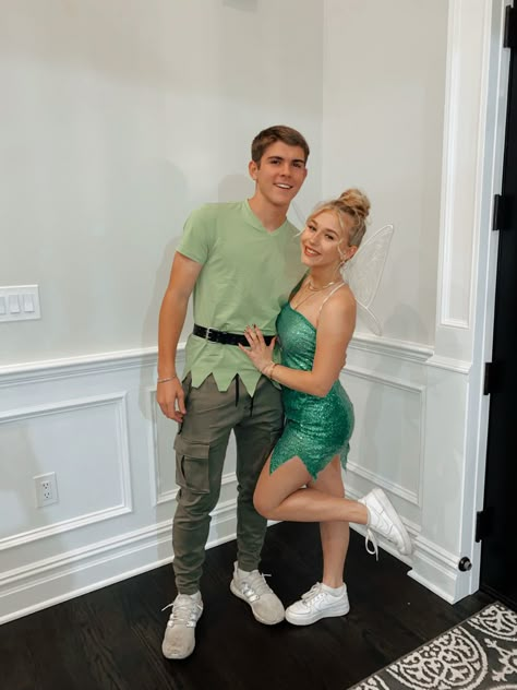 Cute Couple Halloween Costumes Marvel, Couple Halloween Costumes Tinkerbell And Peter Pan Costume, Halloween Costumes Couples Tinkerbell, Couple Costumes Tinkerbell, Snow White And Dopey Costume, Tinkerbell And Peter Pan Costumes, Tinker Bell And Terence Costume, Peter And Tinkerbell Costume, Roommate Halloween Costumes College