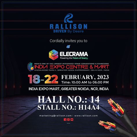 We cordially invite all the industry professionals, entrepreneurs and individuals to stop by our stall and visit us for the same. See you soon. Catch us live on 18th to 22nd of February. Stall No - H14A4, Hall No - 14 Location - India Expo Mart, Greater Noida, Delhi NCR, India #Rallison #RallisonElectrcials #Elecrama #Elecrama2023 #ElecramaShowcase2023 #ElecramaNoida #ElecramaExhibition #Noida #GreaterNoida #IndiaExpoMart #KnowledgeParkNoida #Exhibition #ElectricalExpo #tradeshow Expo Invitation Design, Exhibition Invitation Design, Exhibition Invitation, Event Invitation Design, Om Art, Digital Imaging, Greater Noida, See You Soon, Invitation Card Design