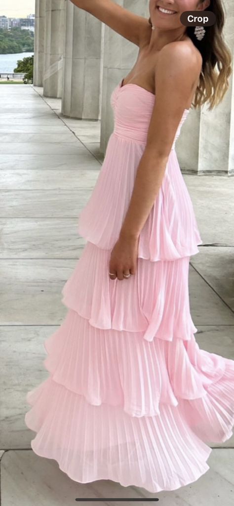 Pink Sorority Formal Dress, Tired Prom Dress, Girly Prom Dress, Pink Ruffle Dress Long, Pink Bow Prom Dress, Light Pink Ruffle Prom Dress, Easter Prom Dresses 2024, Preppy Prom Dress 2024, Pastel Pink Prom Dresses