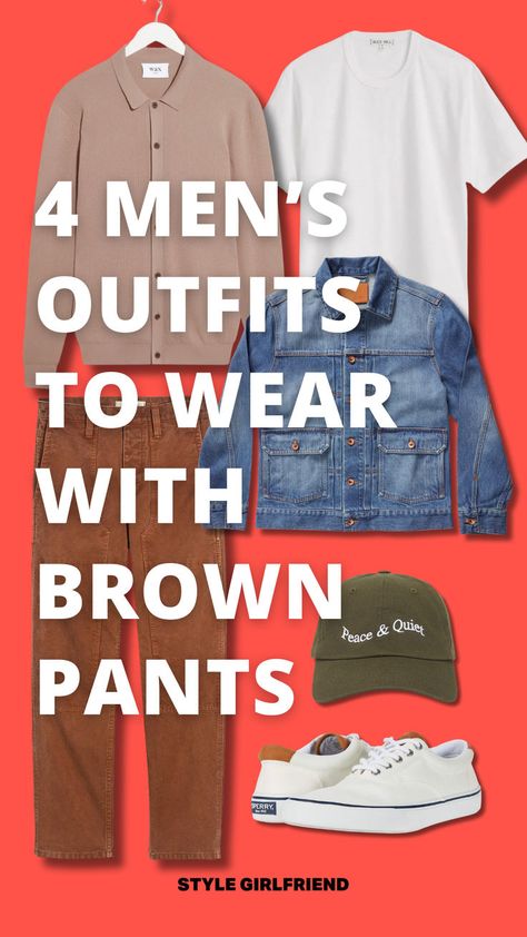 headline: 4 men's outfits to wear with brown pants, image: sweater and t-shirt with brown workwear pants and white sneakers Brown Chinos Men Outfits Casual, Brown Plaid Pants Outfit Men, Mens Brown Jeans Outfit, Brown Corduroy Pants Outfit Men, Brown Pants Outfit Men Casual, Tan Shoes Outfit Men, Mens Brown Pants Outfit, Men Brown Pants Outfit, Brown Pant Outfits