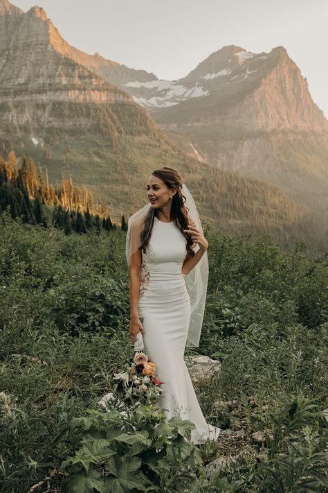 Glacier Elopement Photos, Bridal Photoshoot Mountains, Wedding Dresses To Elope In, Elopement Dress Mountain, Wedding Dress Mountain Brides, Adventure Elopement Dress, Wedding Dresses Elopement, Mountain Bridal Portraits, Mountain Elopement Photos