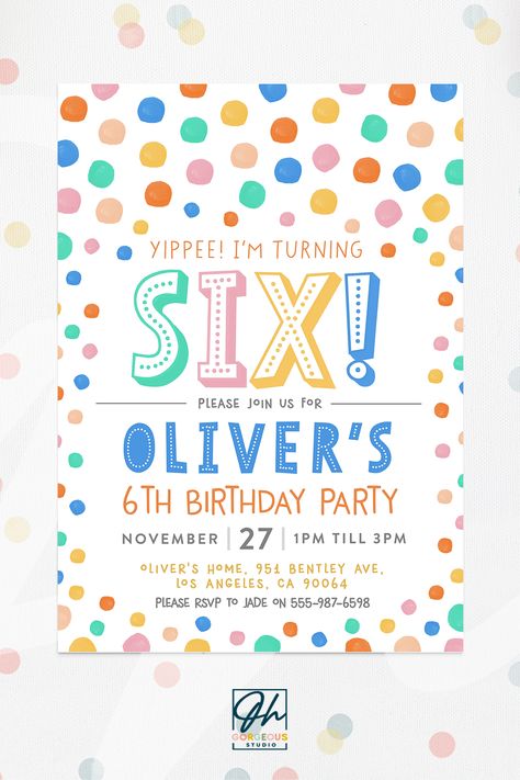 6th Birthday Invitation | Yippee I'm Six Editable Party Template, Watercolor Invite For 6 Year, Kid Party Invitation, Colourful Confetti Couple Anniversary Instagram Story Ideas, Donkey Birthday, Colourful Confetti, Watercolor Invite, Bubble Party, Couple Anniversary, Bday Invitations, Party Template, Bunny Birthday