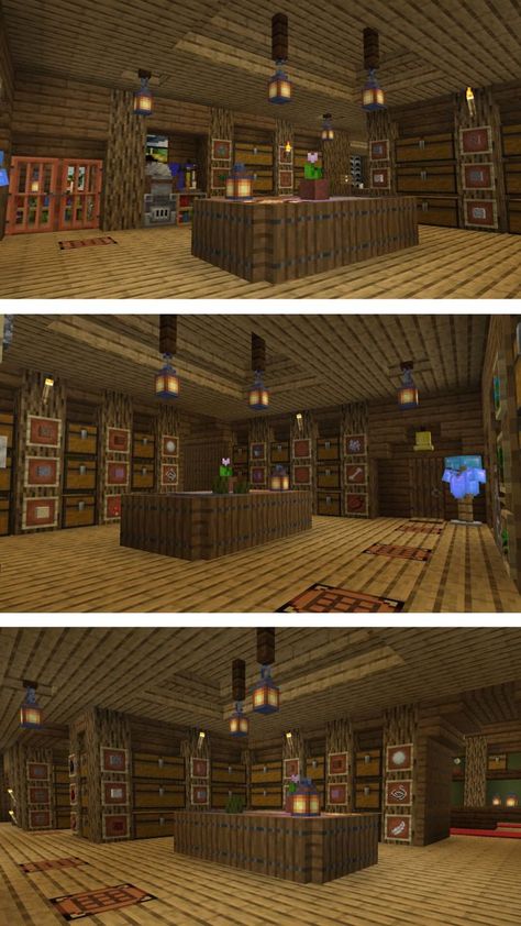 Workshop and storage room decoration in MinecraftMade in survivalminecraft Minecraft Survival Storage Room, Cool Storage Room Ideas Minecraft, Minecraft Building Storage Room, Storage Rooms In Minecraft, Useful Rooms In Minecraft, Minecraft Interior Survival Design, Minecraft Craft Room Ideas, Minecraft Large Room Ideas, Chest Room Design Minecraft