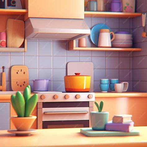 Premium AI Image | Cartoon kitchen 3D Larva Cartoon, Kitchen Cartoon, Cartoon Kitchen, Kitchen Background, Kitchen 3d, 9 Lives, 3d Inspiration, Muffin Man, Colourful Tile