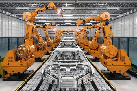 Robotic arms in a production line at an automotive manufacturing factory Robot Programming, Robotic Automation, Intelligent Robot, Robotics Engineering, Industrial Robots, Manufacturing Factory, Assembly Line, Cloud Computing, Digital Transformation