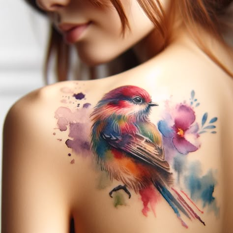 Colorful Tattoos For Women Watercolors, Watercolour Tattoo Designs, Nature Watercolor Tattoo, Artful Tattoos, Bright Colorful Tattoos, Colorful Bird Tattoos, Bird Tattoo Design, Watercolor Tattoo Sleeve, Hummingbird Tattoos