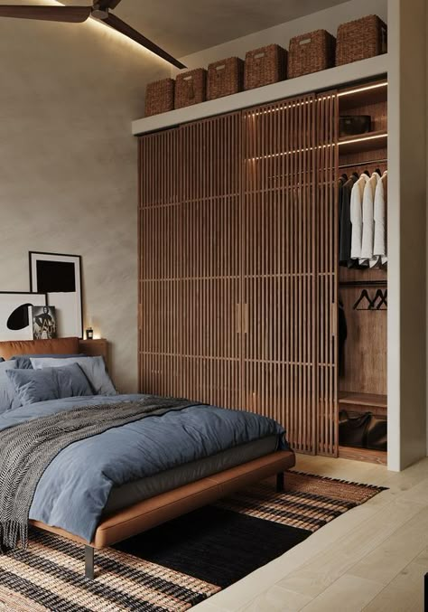 Japan Bedroom Design Small Spaces, Scandi Asian Interior, Japandi Tiny Bedroom, Bedroom Small Wardrobe Ideas, Small Room With Wardrobe Bedroom Ideas, Interesting Bedroom Design, Japanese Design Bedroom, Japandi Master Room Design, Design Ideas For Small Bedrooms