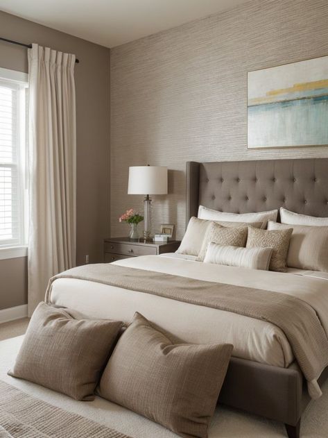 Warm Beige Bedroom, Taupe Rooms, Beige Walls Bedroom, Taupe Bedroom, Beige Room, Moore House, Neutral Bedrooms, Tufted Upholstered Headboard, Beige Bedroom