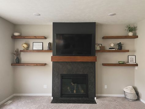 Box Beams and Floating Shelves for a local West Michigan customer! Floating Shelf By Fireplace, Shelving On Each Side Of Fireplace, Floating Shelf Beside Fireplace, Wooden Floating Shelves Living Room, Floating Shelves On Side Of Fireplace, Floating Shelves Design Ideas, Fireplace Side Shelves, Fireplace Wall Shelves, Long Floating Shelves Living Room