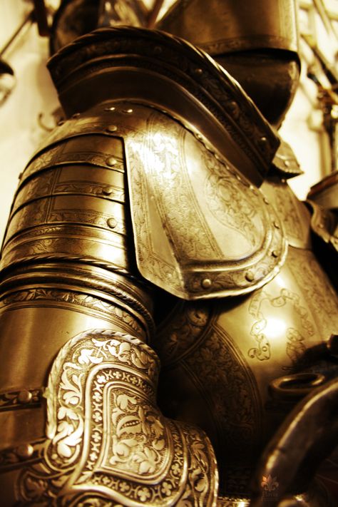 . Gold Armour Aesthetic, Gold Warrior Aesthetic, Knight In Shining Armor Aesthetic, Gold Knight Aesthetic, Golden Knight Fantasy Art, Peles Castle Romania, Gold Armour, Gold Knight, Castle Romania