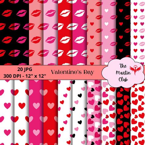 Valentine's Day Digital Papers Hearts and Lips Background Scrapbook Pattern - Digital Download - Personal and Commercial Use Cheap Heart Print Earrings For Valentine's Day, Valentines Day Layouts Scrapbook Pages, Lip Background, Valentine’s Day Scrapbook Page, Valentine Scrapbook Paper, Vintage Valentines Cardstock Papers, Scrapbook Patterns, Valentines Day Background, Paper Heart